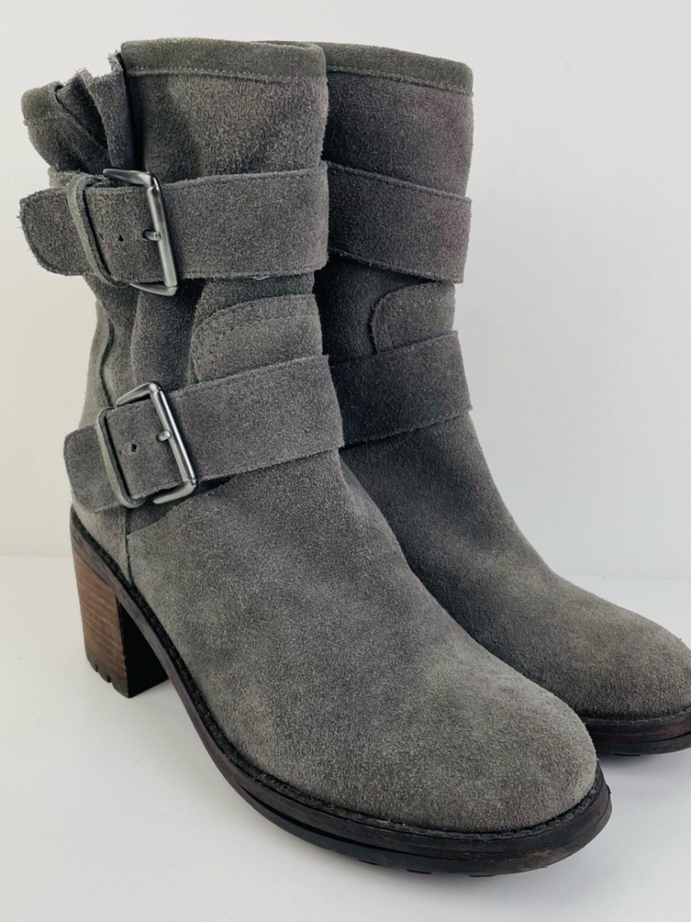 Sam Edelman Gray Suede Buckle Heeled Ankle Boots